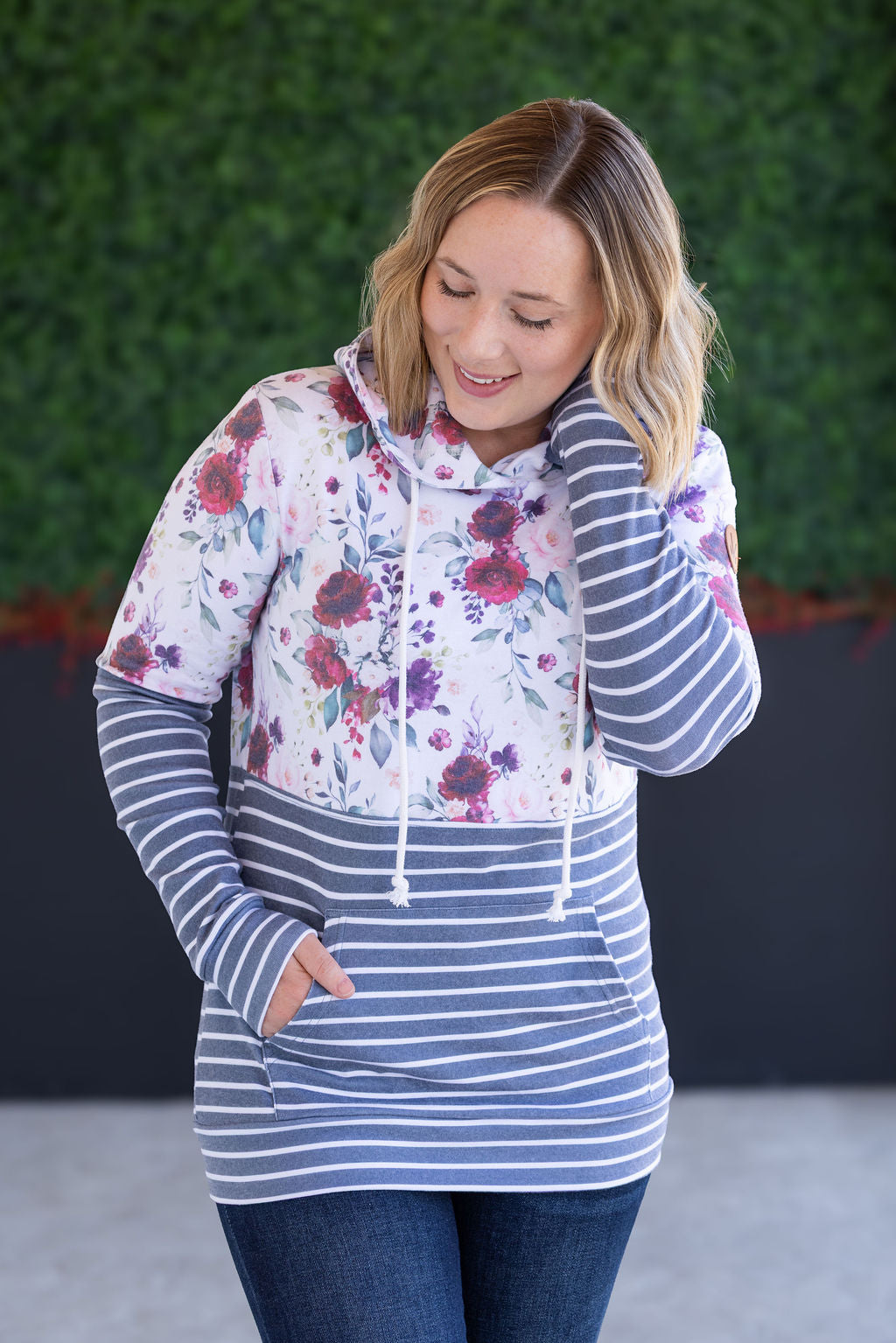 Hailey Pullover Hoodie - Burgundy Bloom and Grey Stripes